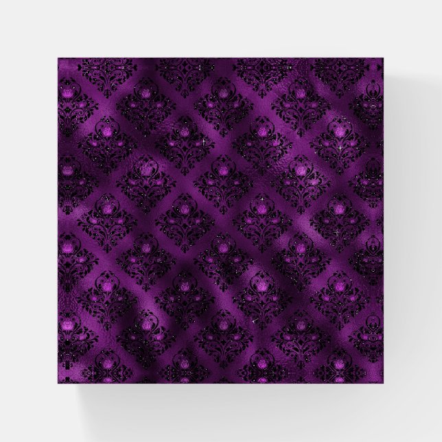 Purple Ombre Glam Glitter Damask Pattern Paperweight (Front)