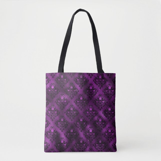 Purple Ombre Glam Glitter Damask Pattern Tote Bag (Front)
