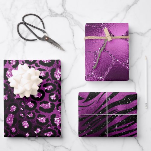 Purple Ombre Glam Glitter Jungle Animal Print Wrapping Paper Sheets