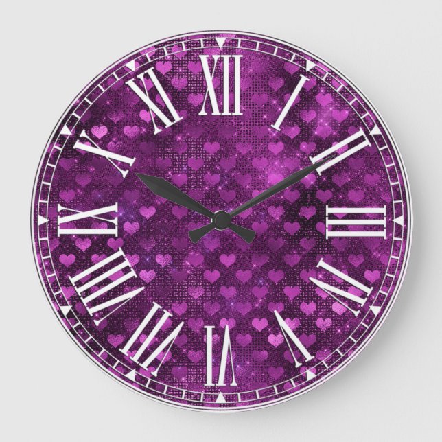 Purple Ombre Glam Hearts Pattern Large Clock (Front)