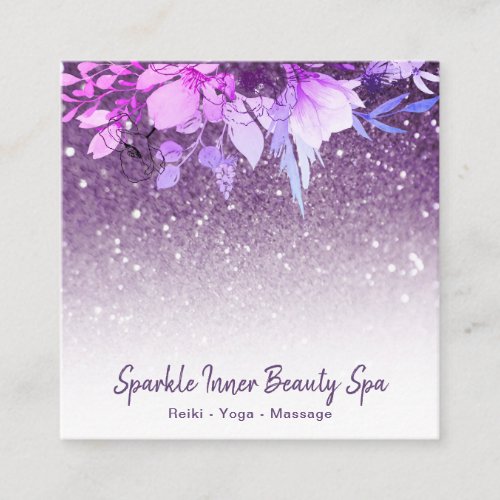  Purple Ombre Glitter Beauty Spa Floral Square Business Card
