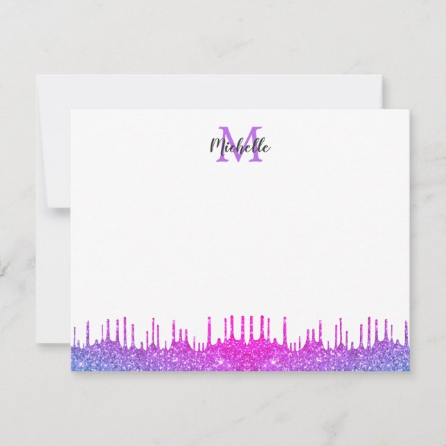 Purple Ombre Glitter Drips Script Monogrammed Note Card (Front)