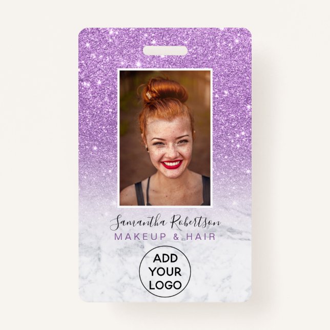Purple ombre glitter marble logo employee photo badge (Front)