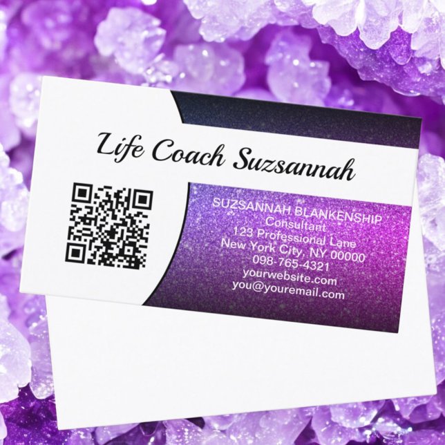 Purple Ombre Glitter QR Code Professional  Business Card (front template business card design)