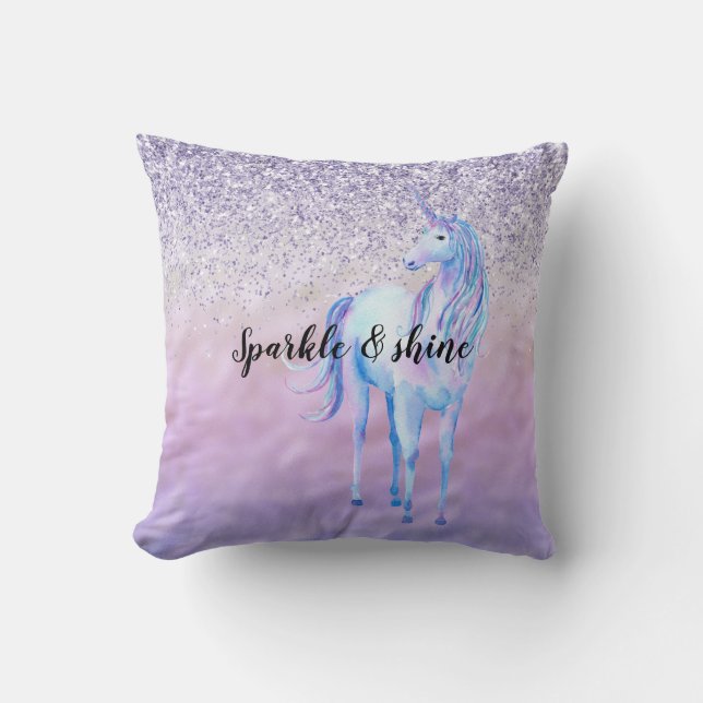 Purple Ombre Glitter Unicorn Throw Pillow (Front)