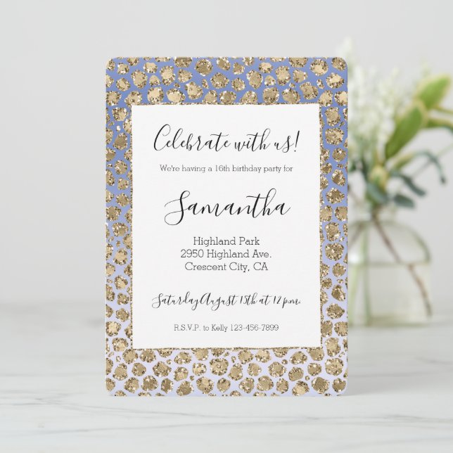 Purple Ombre Gold Glitter Glitz Leopard Print   Invitation (Standing Front)