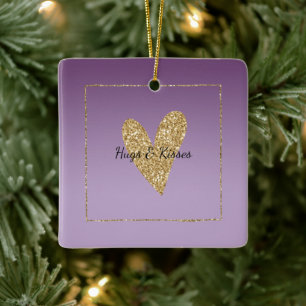Purple Ombre Gold Glitter Heart Ceramic Ornament