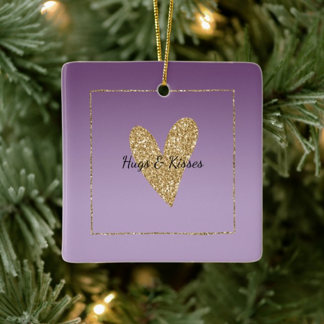Purple Ombre Gold Glitter Heart Ceramic Ornament (Tree)