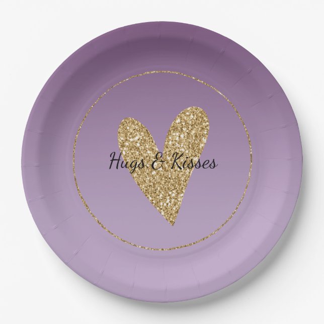 Purple Ombre Gold Glitter Heart Paper Plates (Front)