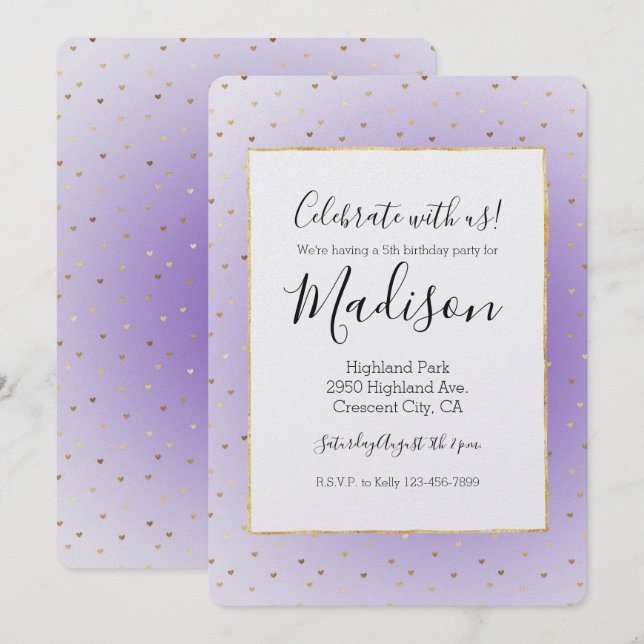 Purple Ombre Gold Hearts Invitation (Front/Back)