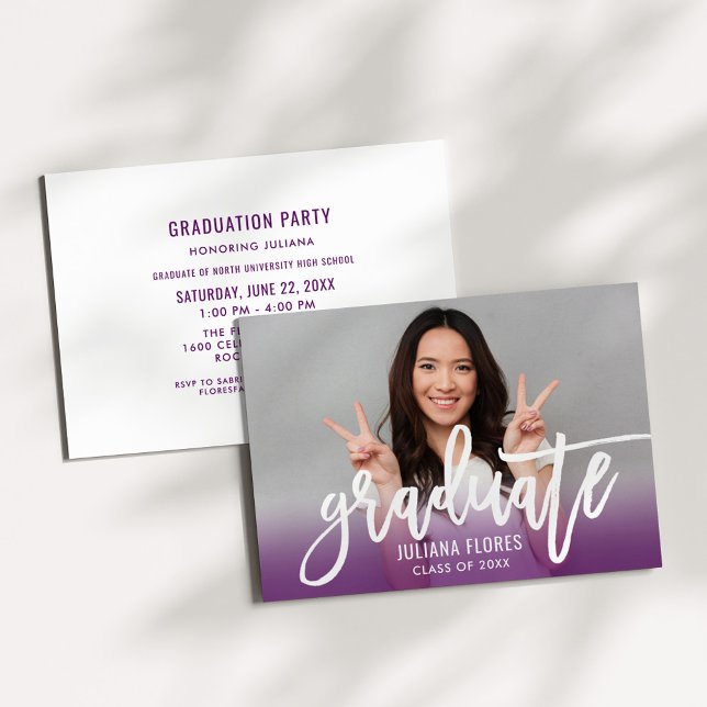 Purple Ombre Graduate Brush Photo Graduation Party Invitation (Creator Uploaded)