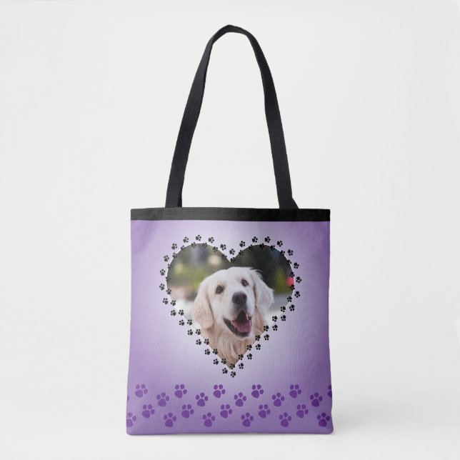 Purple Ombre Heart Paw Prints Custom Dog Mom Tote Bag (Front)