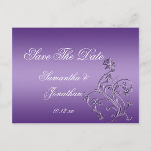 Purple Ombre Ornate Floral Swirls Save The Date Announcement Postcard