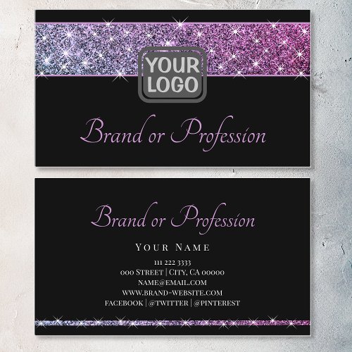 Purple Ombre Shimmery Glitter Stars Logo on Black Business Card