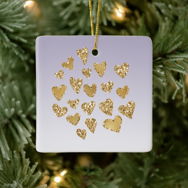Purple Ombre Sparkle Gold Glitter Hearts Ceramic Ornament (Tree)