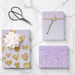 Purple Ombre Sparkle Gold Glitter Hearts Wrapping Paper Sheets