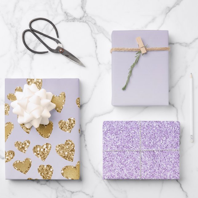 Purple Ombre Sparkle Gold Glitter Hearts Wrapping Paper Sheets (Front)