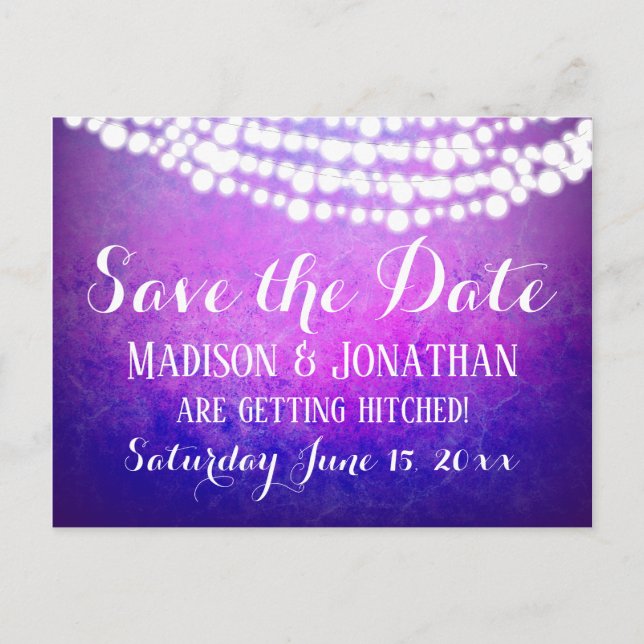 Purple Ombre String Lights Rustic Save the Date Postcard (Front)