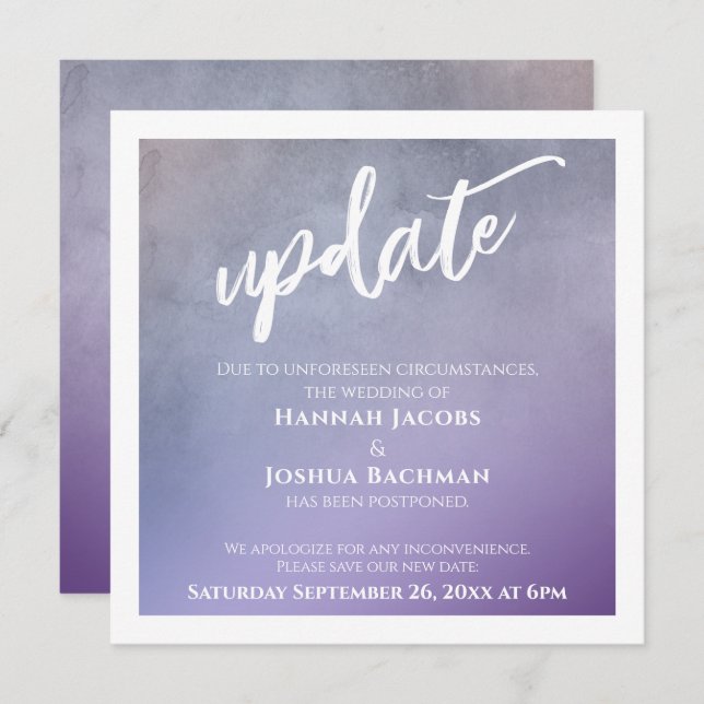 Purple Ombre Texture Postponed Wedding Update Card (Front/Back)