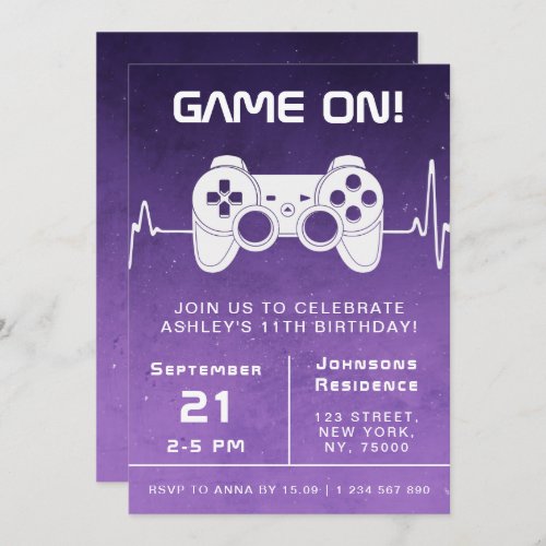 Purple Ombre Video Game Gamer Kids Birthday Party Invitation