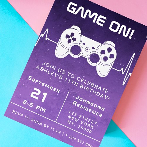 Purple Ombre Video Game Gamer Kids Birthday Party Invitation