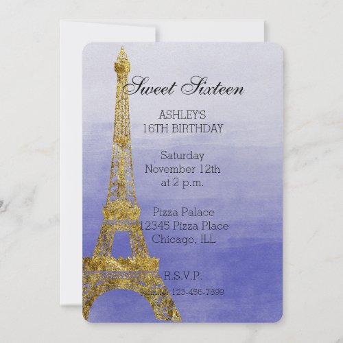 Purple Ombre Watercolor Eiffel Tower Sweet Sixteen Invitation