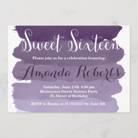 Purple Ombre Watercolor Modern Sweet 16 Invitation
