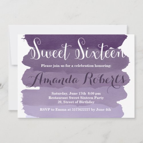 Purple ombre watercolor modern Sweet 16 Invitation