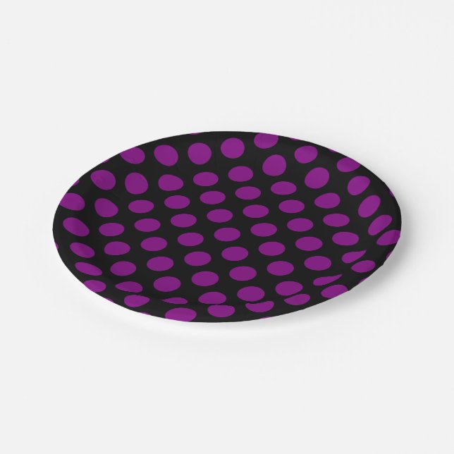 Purple on Black Large Size Polka Dots Paper Plates (Angled)