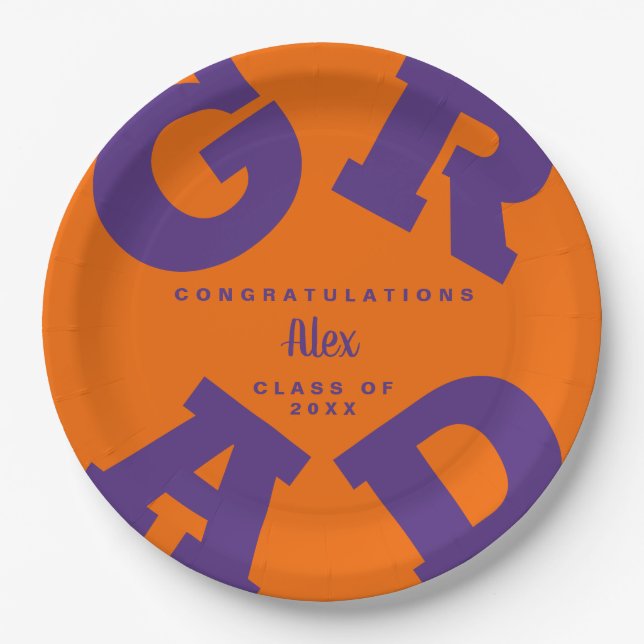 Purple on Orange Personalized Graduation Paper Plates (Front)
