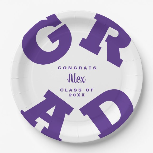 Purple on White Bold Graduation Paper Plates (Front)