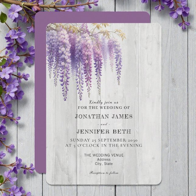 Purple on Wood Wisteria Floral Wedding Invitation (Creator Uploaded)