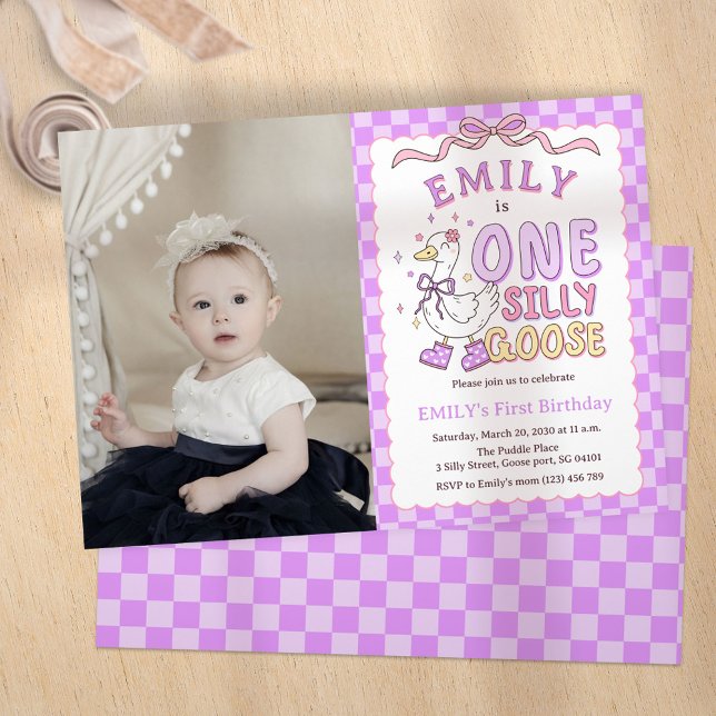 Purple One Silly Goose - Girl First Birthday Photo Invitation (Purple One Silly Goose - Retro Girl First Birthday Photo Invitation.)