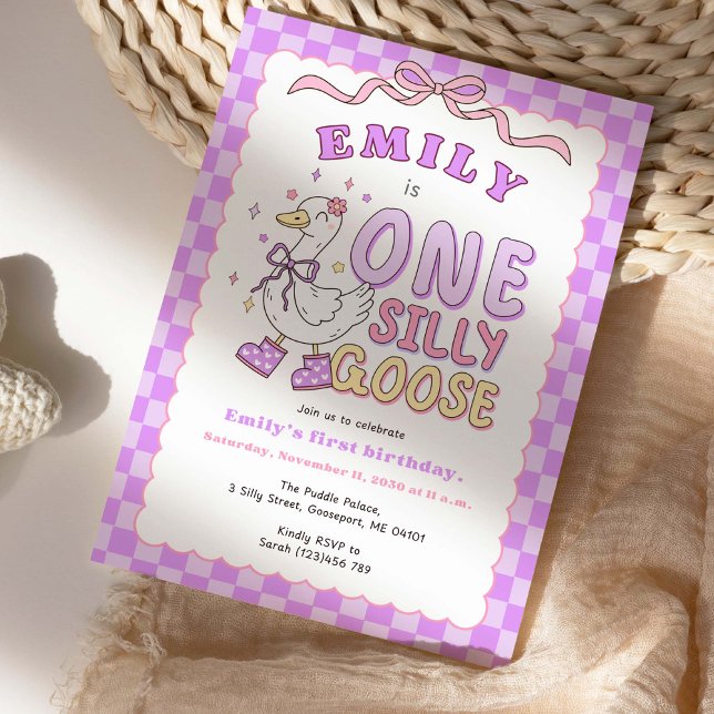Purple One Silly Goose-Retro Girl First Birthday Invitation (Purple Checkered "One Silly Goose"- Girl First Birthday Invitation)