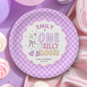 Purple One Silly Goose - Retro Girl First Birthday Paper Plates