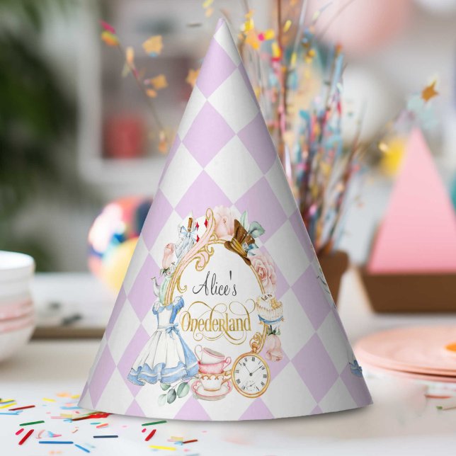 Purple, Onederland, tea party, 1st birthday Party Hat (Alice Onederland, Girl 1st birthday, purple cone birthday party hat.)