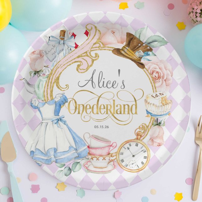 Purple, Onederland, Tea party, Girl 1st birthday Paper Plates (Purple, Alice Onederland, girl 1st birthday, Mad hatter tea party birthday paper plate.)