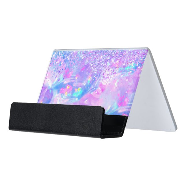 purple opal gemstone faux glitter desk business card holder (Angled Front)