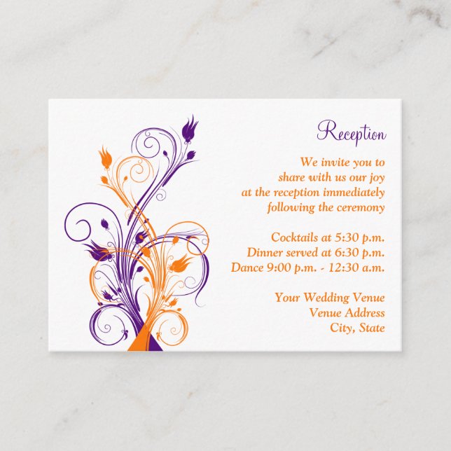 Purple Orang White Floral Reception Enclosure Card (Front)