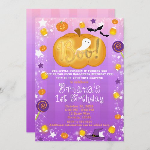 Purple  Orange 1st Birthday Halloween Party Invitation