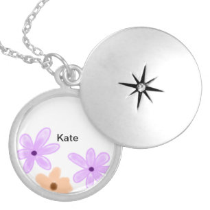 Purple orange abst floral watercolor add name text locket necklace