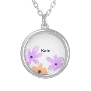 Purple orange abst floral watercolor add name text silver plated necklace
