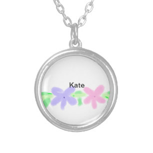 Purple orange abst floral watercolor add name text silver plated necklace