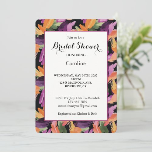 Purple Orange Abstract Flowers Bridal Shower  Invitation