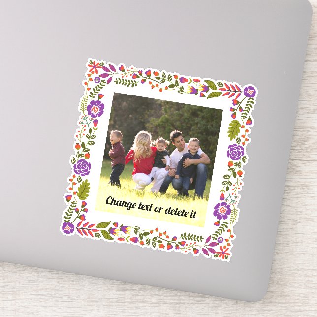 Purple, orange and green floral frame with photo sticker (Detail)