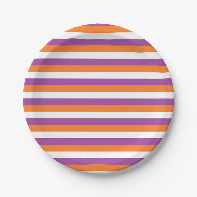 Purple, Orange and White Stripes Paper Plates (Front)