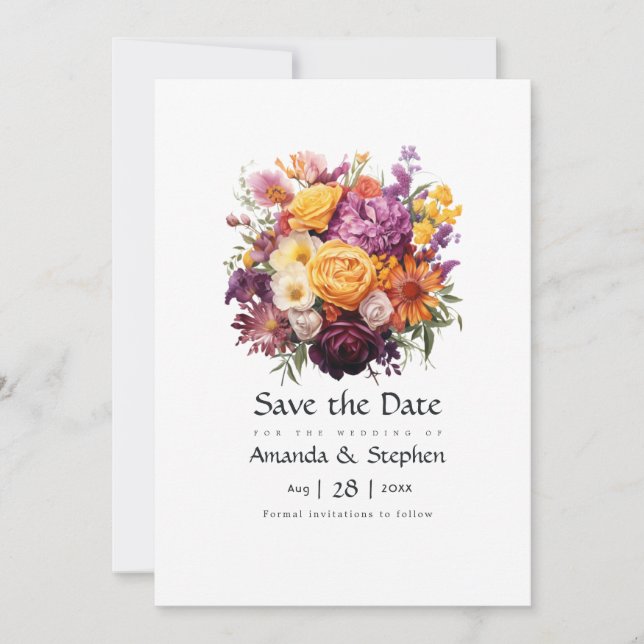 Purple, Orange, and Yellow Floral Wedding Save The Date (Front)
