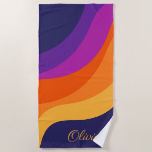 Purple orange and yellow retro diagonal waves beach towel