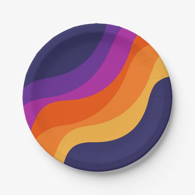 Purple orange and yellow retro diagonal waves  paper plates (Front)