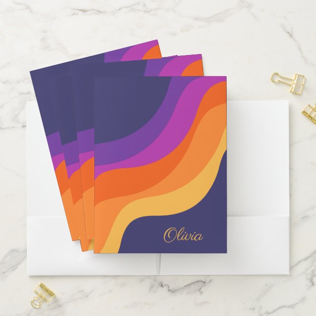 Purple orange and yellow retro diagonal waves  pocket folder (In Situ)